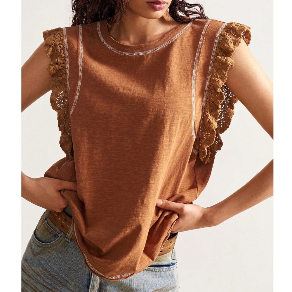 Rust Orange Lace Ruffle Cap Sleeve Top - Picture 5 of 6